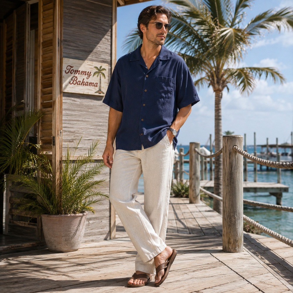 TOMMY BAHAMA Men's Casual Button XL Navy 100% Silk Resort Relaxed
